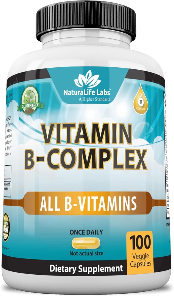 NaturaLife Labs Vitamina B-Complex con Vitamina C &amp; Folic Acid – Incluye B1, B2, B3, B5, B6, B7, B9 &amp; B12 – 100 cápsulas, Vegan, No GMO, Gluten Free