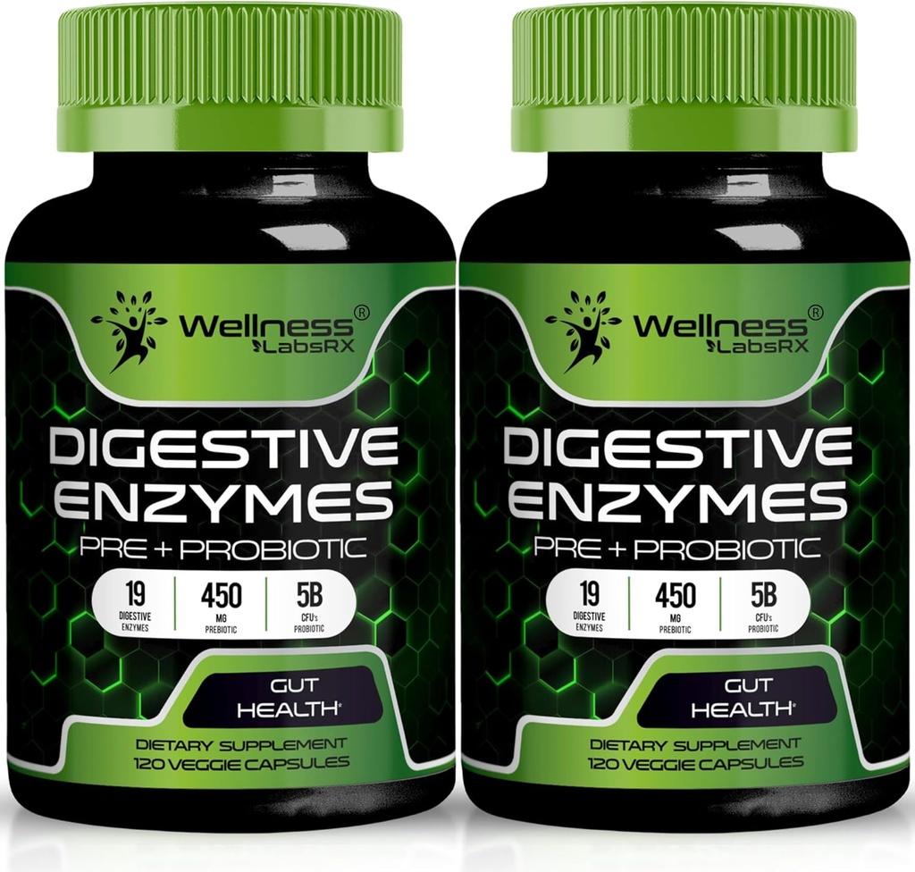 Enzimas digestivas con probióticos y prebióticos, 450mg, 5 millones de CFUs - Pure Super Digestion Capsules - Enzimas digestivas para hombres de apoyo Digestión " Salud Gut - 120 Conde (Pack of 2)