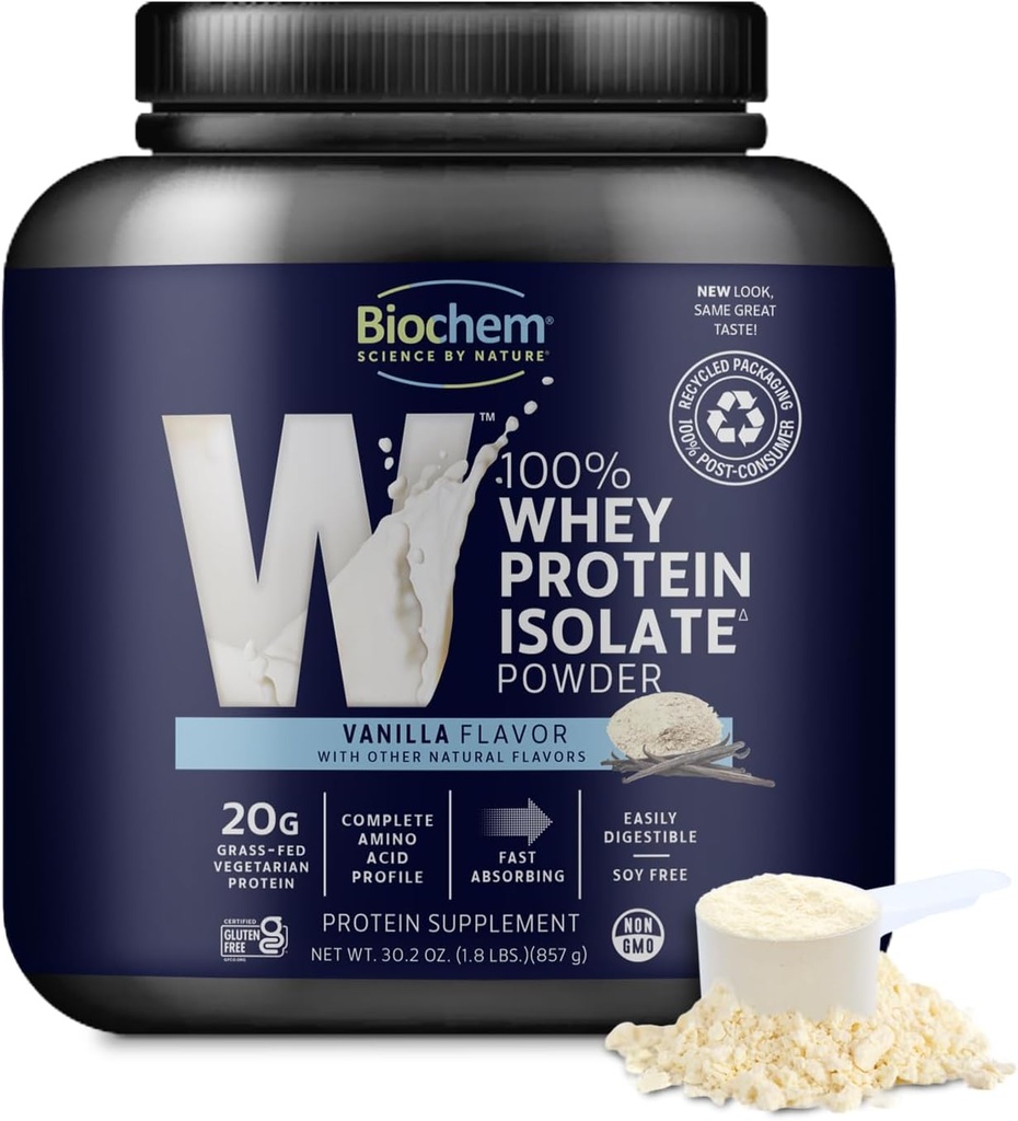 Biochem Whey Protein Isolate Powder - Vanilla Flavor, 20 Gramos por Serving, Fuente de Grass Fed Cows, Non-GMO, Vegetariano, No sabores artificiales o dulceres - Apoyo Masa muscular &amp; Performance
