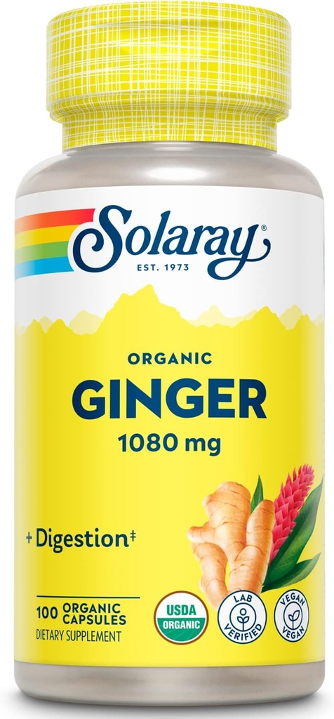 SOLARAY Orgánica de jengibre 1080 mg - Suplementos de jengibre orgánico - Alivia la náusea y el voto asociado con la enfermedad de la moción, apoya la salud conjunta - Vegan, no somnoliento, garantía de 60 días, 50 servicios