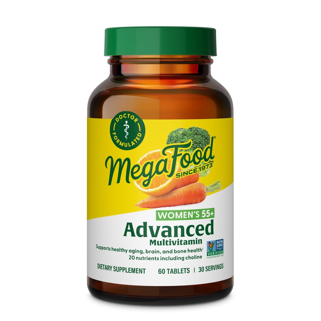 MegaFood Mujer 55+ Advanced Multivitamin for Women - Doctor-Formulated with Choline, Vitamina D3, Vitamina B12, Biotina - Plus Real Food - Optimal Aging, - Vegetariano - 60 Tabs (30 Servings)