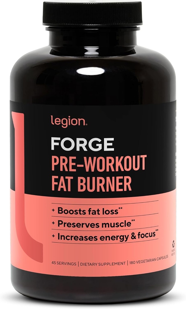 LEGION Forge Fasted Fat Burner - Thermogenic Fat Burner, Target Stomach Fat y Trim Belly Fat con Yohimbe, HMB Supplement, Choline. Todo Natural, 45 Servimientos..., 180 Cuenta (Pack of 1)