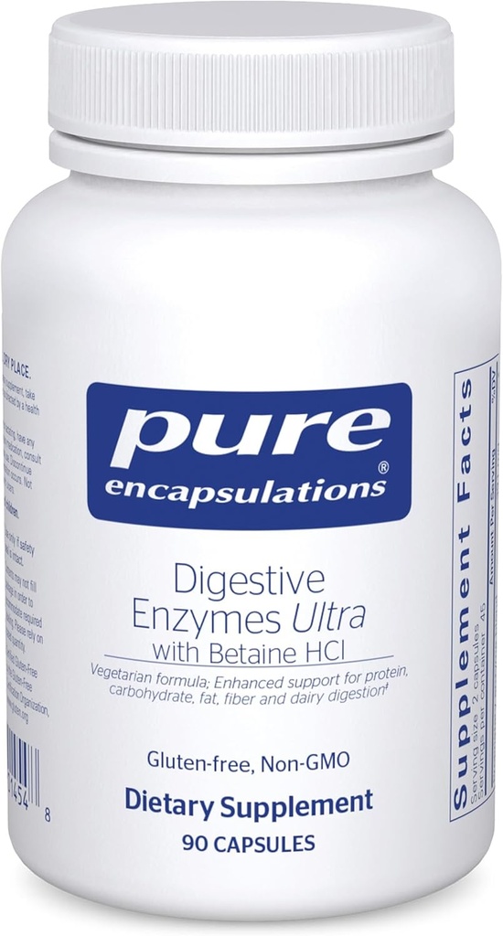 Encapsulaciones puras Enzimas digestivas Ultra con Betaine HCl - Vegetarian Digestive Enzyme Suplemento de Apoyo Proteína, Carb, Fibra y Digestión Dairy* - 90 cápsulas