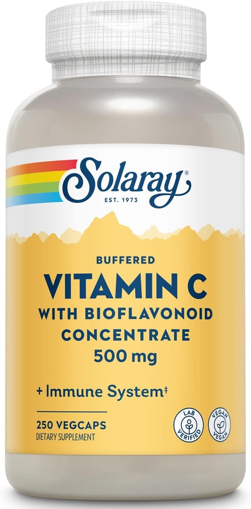 SOLARAY Vitamina Buffered C 500mg - con Bioflavonoids, Rosa HIPS y Acerola Cherry - Suplemento de Apoyo Inmunitario - Fácil de digerir, Vegan, Lab Verified, Garantía de 60 días - 250 Serviciones, 250 VegCaps