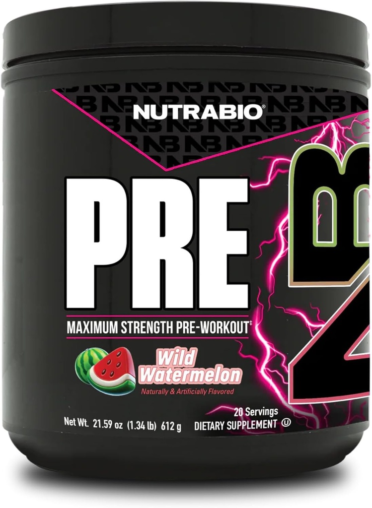 NutraBio Preworkout Powder, Watermelon sometida Explosive Energy, Laser Focus, Extreme Pumps sometidas Pre Workout for Men &amp; Women durable Performance, Endurance, Power Complex, Caffeine, Electrolytes