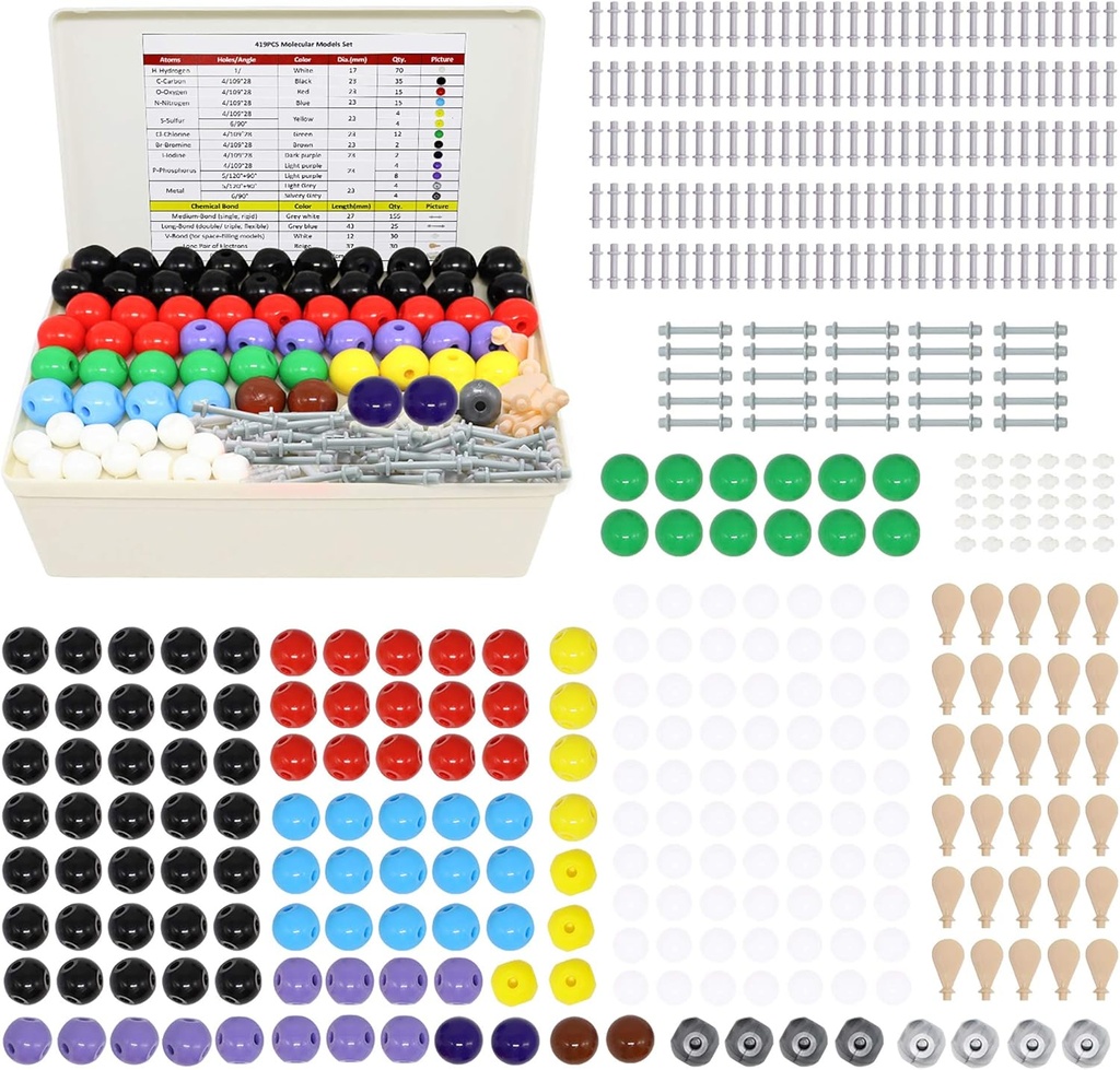 Kit de Modelo Molecular RELIANCER,419PCS Conjunto de Química Molecular Orgánica w/Atoms &amp; Bonds,Estructuras Moleculares Kit de Construcción para el Aprendizaje de Química,ESTEM Kits de Ciencia para Maestros,Estudiantes, Científicos jóvenes