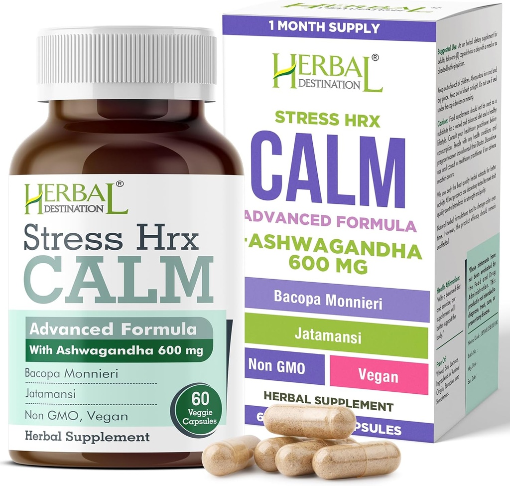 Stress Hrx, Ashwagandha Suplemento cápsula, Herbal Destination Stress Relief - 60 Conde