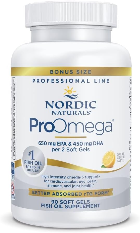 Nordic Naturals ProOmega, Lemon Flavor - 90 Soft Gels - 1280 mg Omega-3 - High-Potency Fish Oil with EPA & DHA - Promotes Brain, Eye, Heart, & Immune Health - Non-GMO - 45 Serviciones