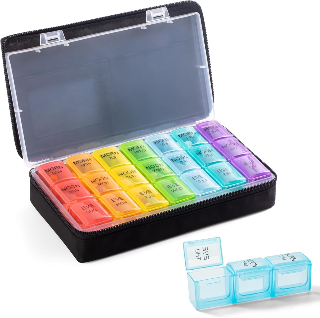 Organizador semanal de píldoras 3 veces al día - Pill Box 7 día 3 veces al día con lindo tejido bolsa de cremallera- caja de carga 7 día 3 veces al día para organizador de medicina de vitaminas