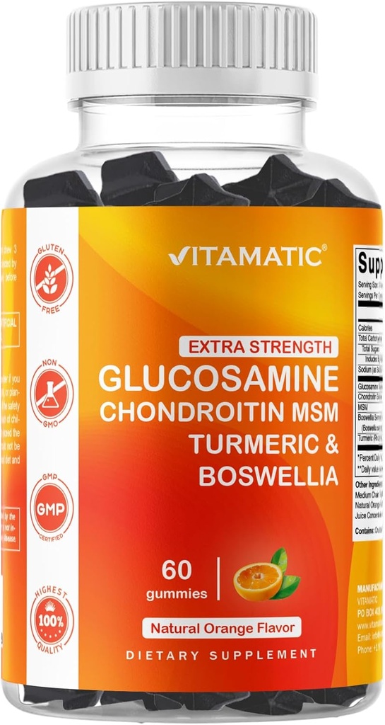 Vitamatic Extra Strength Glucosamine Chondroitin Gummies with MSM, Turmeric " Boswellia – 60 Pectin-Based Gummies Advanced Joint Support Formula – Sugar-Free, Non-GMO, Gelatin-Free