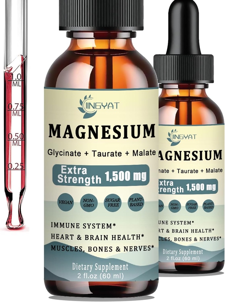 Bombas Líquidas Complejo de Magnesio de 1500mg - Alta Absorción Triple Magnesio de Magnesio Líquido Glycinate, Taurate & Malate, Añadido con Coq10, Zinc, Vitamina D3 para Muscles, Nerves & Energy