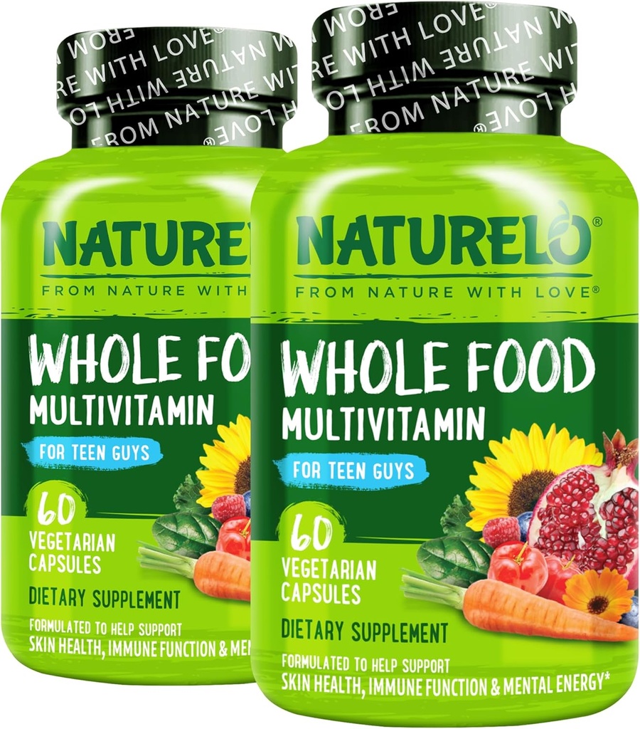 NATURELO Teen Multivitamin - Whole Food Multivitamin for Teenage Boys - Minerals Supplement for Active Kids - with Plant Extracts - Vegan &amp; Vegetarian - 60 cápsulas (Pack of 2)