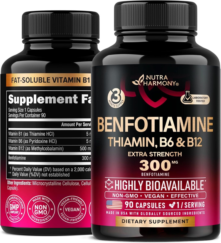 Benfotiamine 300 mg - Apoyo a la Nerve, Energía y Metabolismo - Suplemento de Benfotiamina Vitamina Grasa-Soluble B1 - Altamente Biodisponible &amp; Absorbable - con Thiamin, Vitamina B12 &amp; B6 - 90 cápsulas