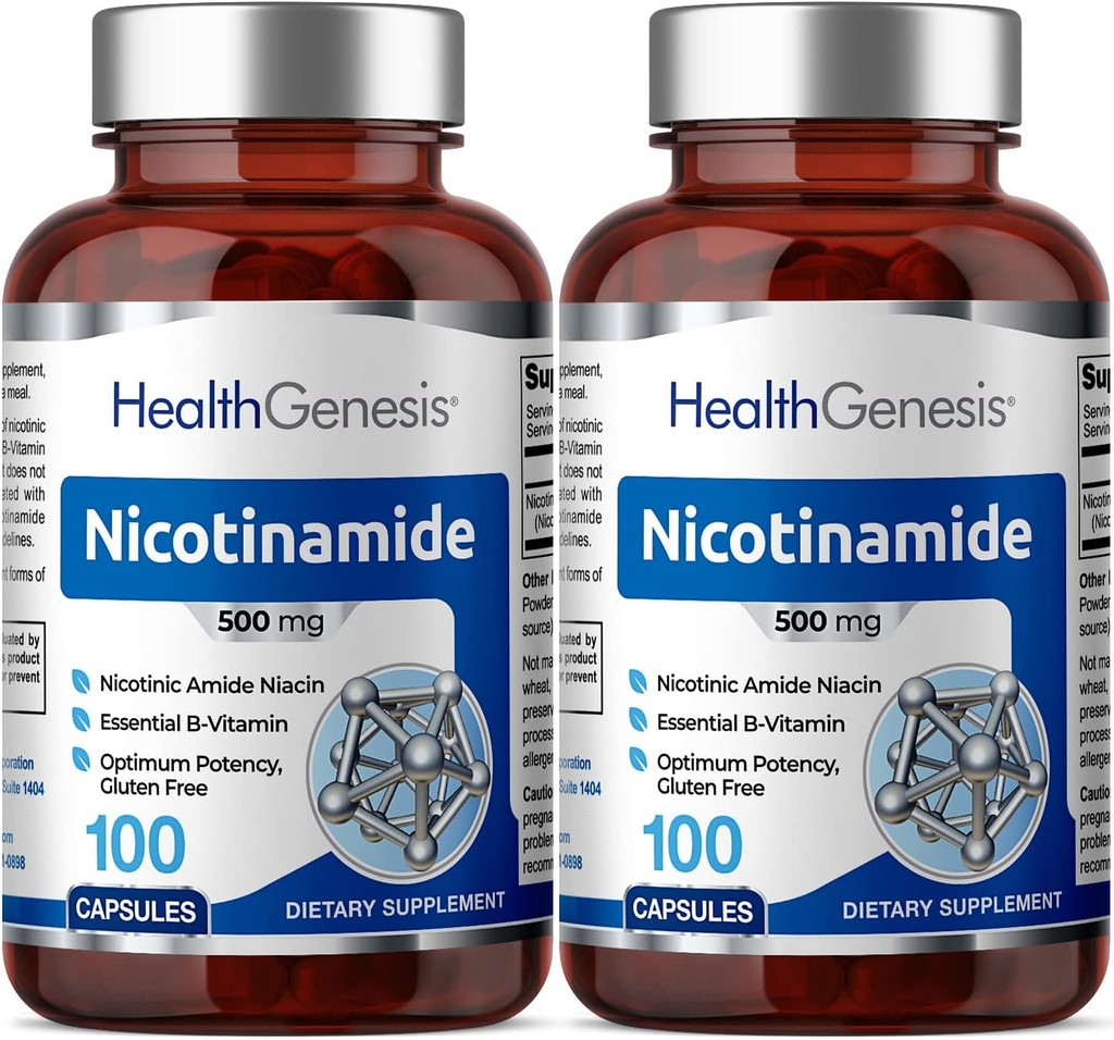 B-3 Nicotinamide 500 mg 100 Caps 2 Pack - Niacina Niacina libre de fluido natural Fórmula - Apoyo a la salud celular de la piel