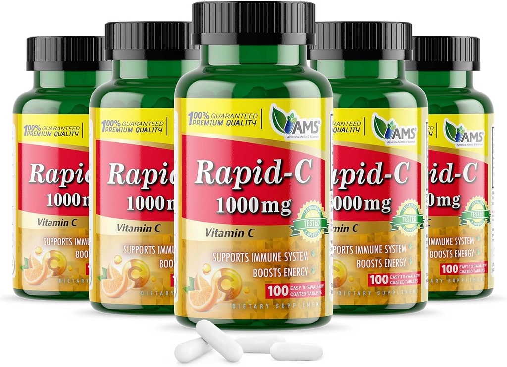 America Medic &amp; Science Rapid-C 1000mg Vitamina C Suplemento (5 Pack of 100 Tablets) Energy Booster, Daily Immune System Support, Antioxidant ¦ Vegan, Non-GMO Coated Ascorbic Acid for Adult Men &amp; Women