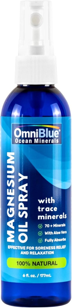 OmniBlue Magnesium &amp; Ocean Mineral Spray- Topical, Ionic & Bioavailable Trace Minerals - Alivio por Soreness, calambres, articulaciones y sueño - Espray Absorbs Fast, No Sting - USA Made (6oz)
