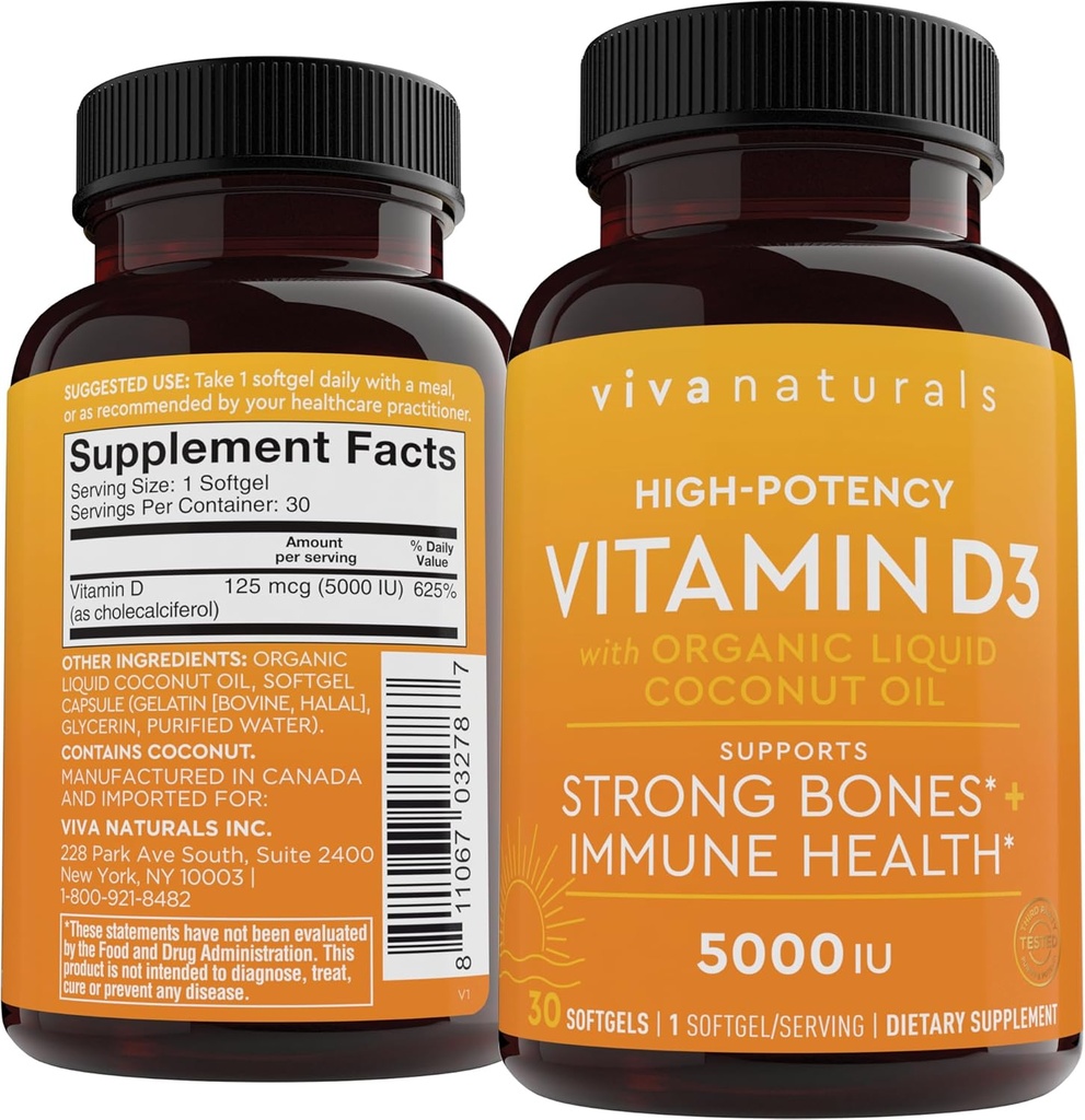 D3 Vitamina 5000 UI Softgels (125 mcg), 30 Softgels - Suplementos de vitamina D de alta potencia para la función sana de la inmune, huesos y músculos - Hecho con aceite de coco líquido orgánico