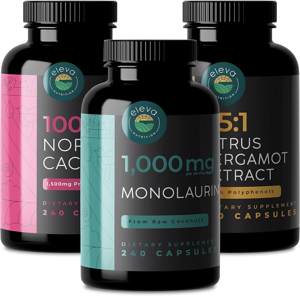 Citrus Bergamot, Nopal Cactus, " Monolaurin Bundle. 1000mg Citrus Bergamot Capsules, 1000mg Monolaurin Capsules, y 1500mg Prickly Pear Cactus Capsules