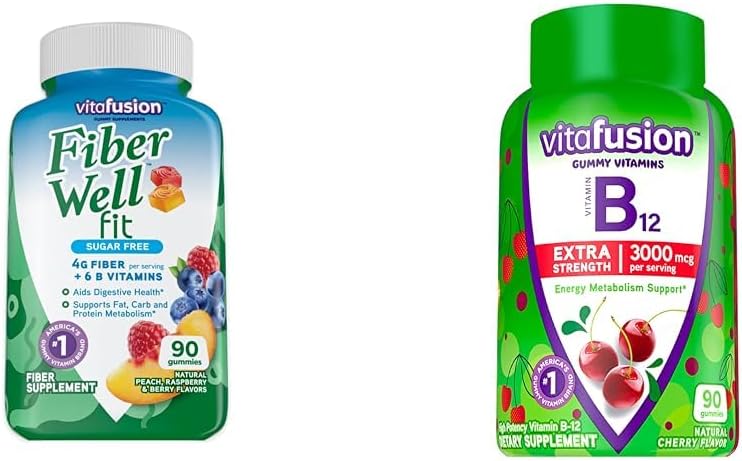 Vitafusion Fiber Well Fit Gummies Supplement, 90 Count (Packaging May Vary) & Extra Strength Vitamin B12 Gummy Vitamins for Energy Metabolism Support