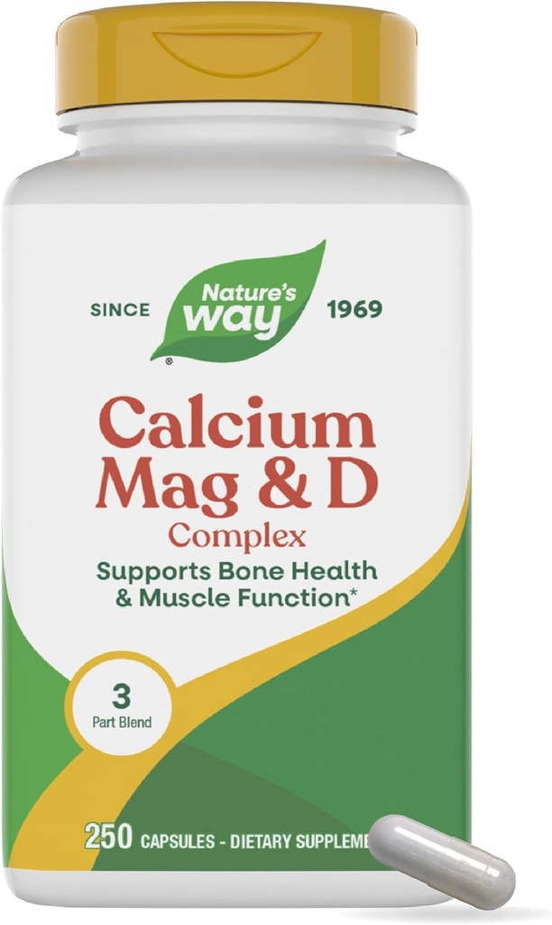 Camino de la Naturaleza Magnesio de calcio y vitamina D Complejo, Huesos saludables y dientes, Función muscular*, Relajación muscular* con vitamina D3, Sin gluten, 100 cápsulas (paquete mayo Vary)