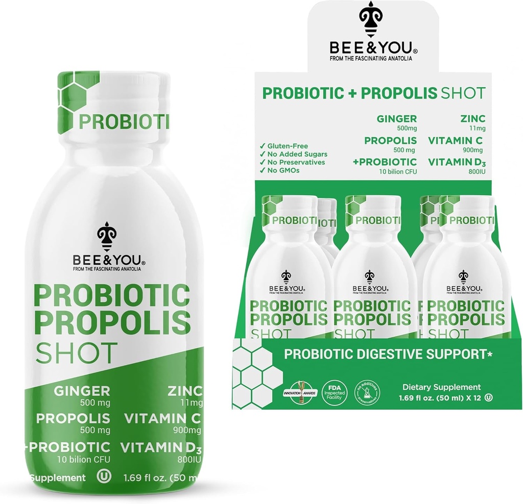 Bee and You Propolis Immune Shot, Probiótico, Vitamina C, Vitamina D3, Zinc, Ginger, Immune Support, Gut Health, Digestive Health, Bioactive 1.69 Fl. oz, 12 Pack