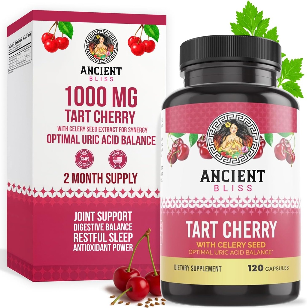 Antigua Bliss Tart Cherry Capsules, Inflamación &amp; Suplemento de Apoyo Conjunto para Mujeres Hombres, Tart Cherry Suplemento de Apoyo Digestión, Sleep & Vitality (120 cápsulas)