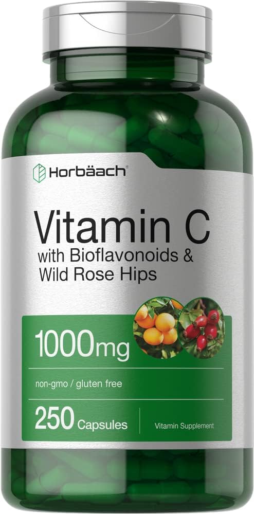 Horbäach Vitamina C 1000mg ANTE 250 cápsulas vivieron con Bioflavonoids y Rose HIPS TENIDO NO GMO, Gluten Free Suplemento TEN Fórmula de alta resistencia