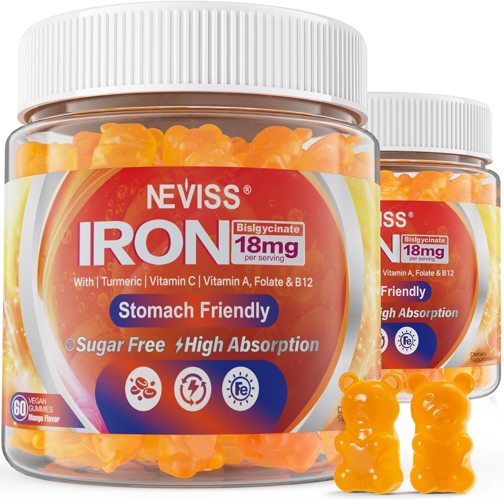 Gummies de hierro vegano Suplemento con vitamina C, B12, Folate " Turmeric - Energía " Salud inmune ← Gummy Iron Bisglycinate 18mg Gentle " Non-Constipating - Mujeres " Hombres, 2 Pack