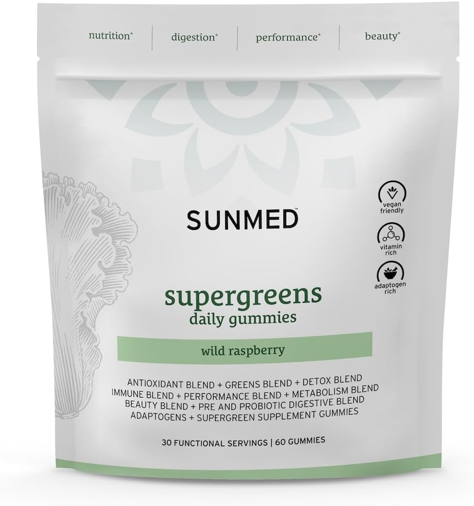 SUNMED Supergreens Daily Gummies – Wellness Blend with Ashwagandha, Green Tea, Spirulina, Probiotics, Antioxidants " Detox Support for Immunity, Gut, Skin " Brain Health ← Wild Raspberry, 60ct