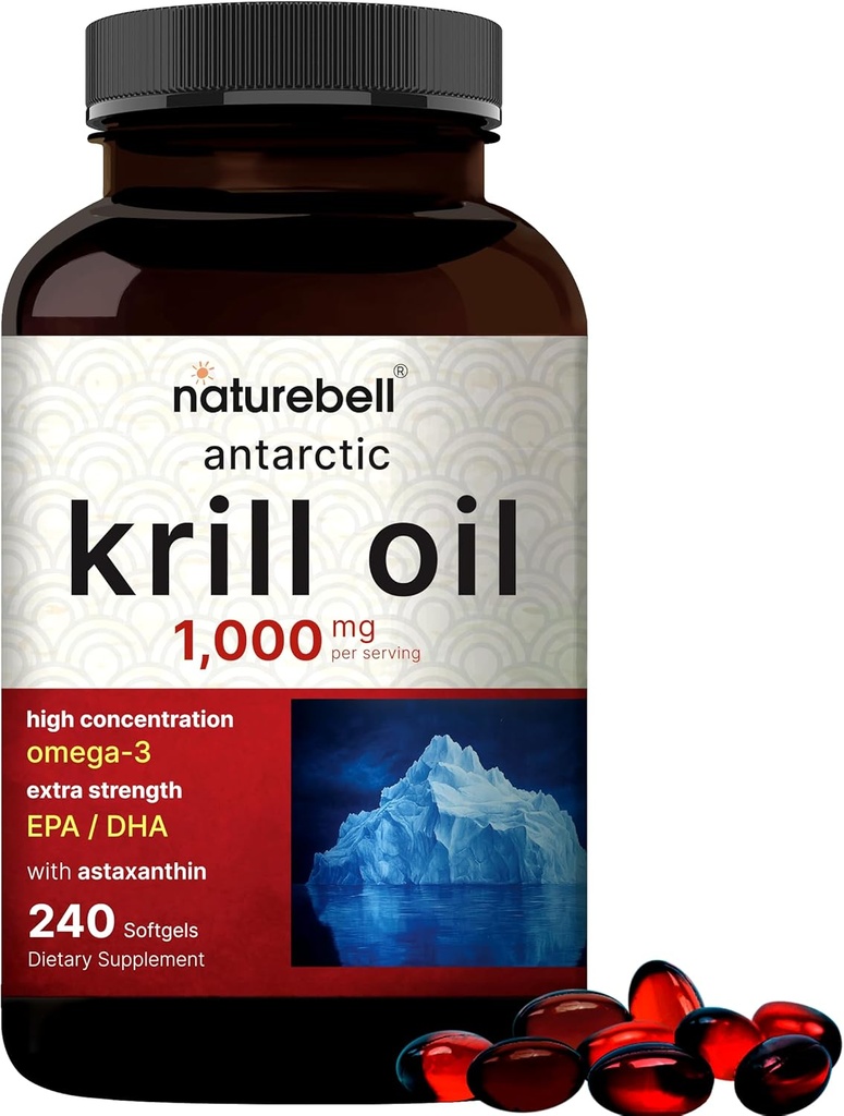 NatureBell Antártico Krill Oil 1000mg Suplemento, 240 Softgels, Fuente Natural de Omega-3, EPA, DHA y Astaxanthin - No Aftertaste - Apoyo a la Salud del Corazón, Mercurio Libre &amp; No GMO