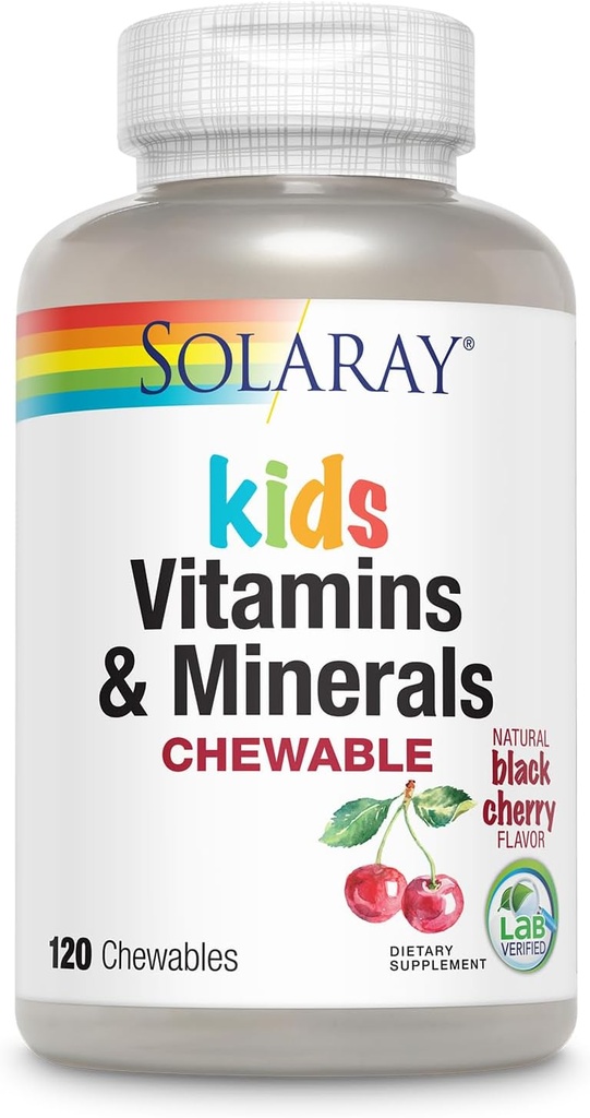 SOLARAY Niños Vitaminas &amp; Minerales Completa multivitamínico para niños Gran sabor de cereza Negro (076280047974) (120 Chews, 60 Serv)