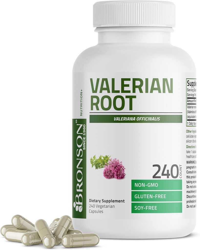 Bronson Valerian Root Capsules - Valerian Officinalis - Promociona la relajación - No GMO, libre de soja, 240 cápsulas vegetarianas