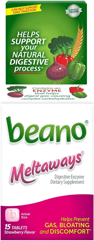 Beano Meltaways, Gas Prevention &amp; Digestive Enzyme Suplemento, Strawberry Flavor, 15 Conde