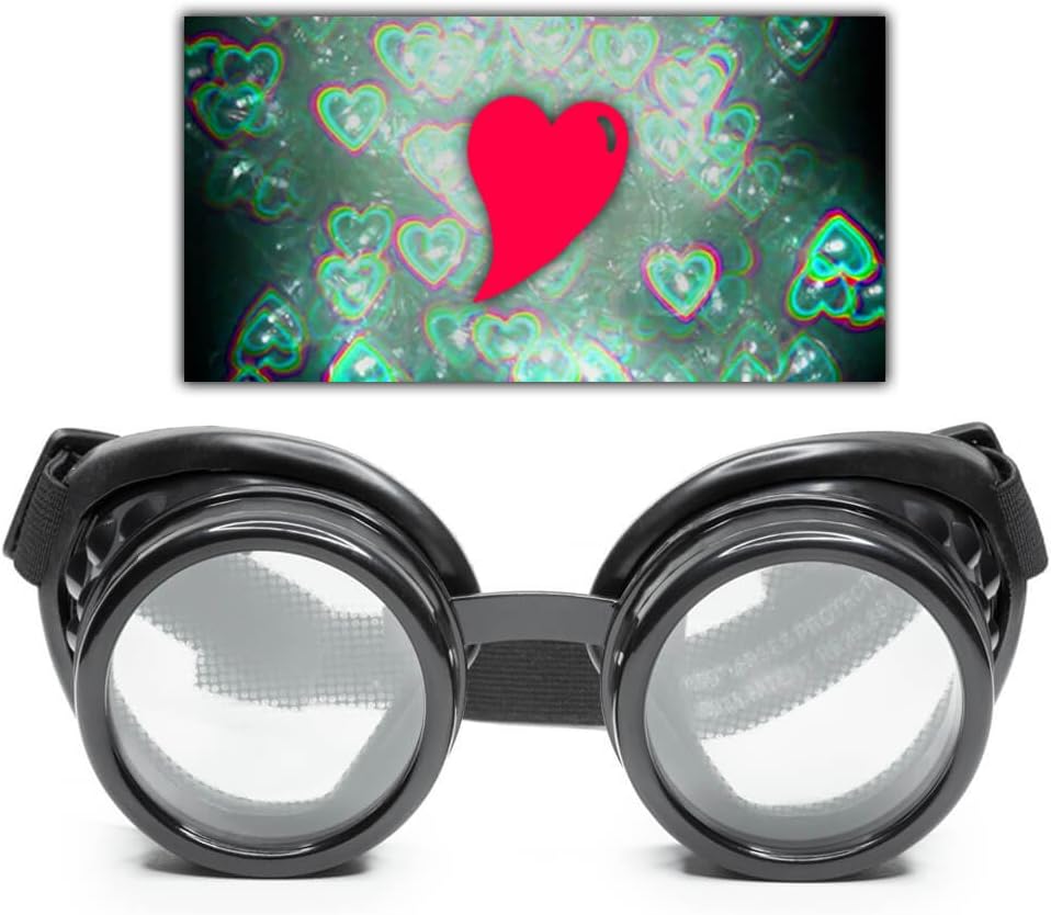 GloFX Black Heart Effect Diffraction Goggles - Ver corazones - 3D Holographic Visuales Edm Rave Outfit Steampunk Costume Cosplay Music Festival Essential