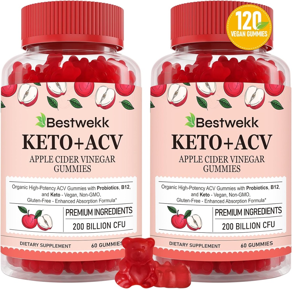 Manzana Vinagre Gummies, Max Strength 2000mg ACV Gummy con Probióticos, B12 y Keto Support, Para Digestión, Metabolismo, Detox, Gut &amp; Immune Health, Gelatin-Free, Non-GMO, 120 keto acv gummies