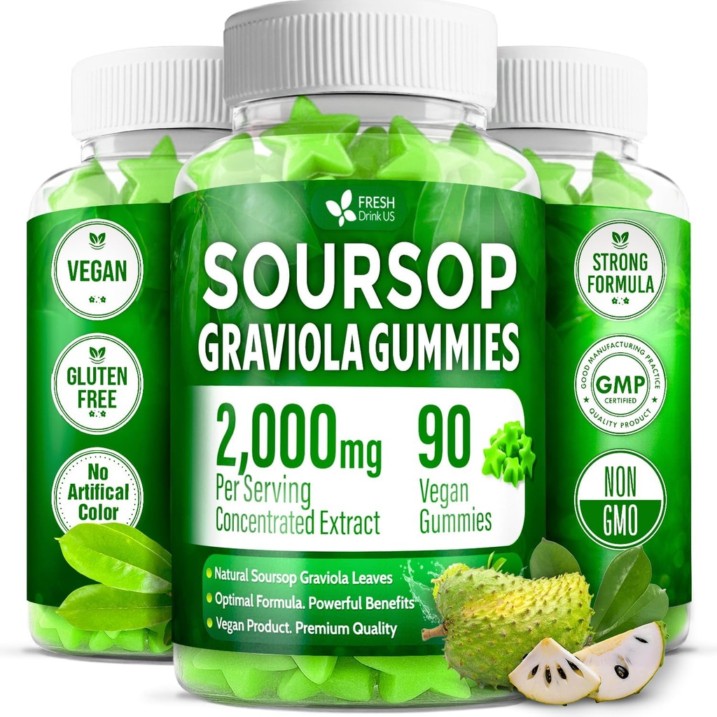 FRESHDRINKUS, Premium 90 Soursop Graviola Gummies, 2000mg por Serving, 45 Days Supply – 100% de Natural Soursop Graviola Leaves Extract, Vegan, Non-GMO, Gluten-Free (90 Gummies)