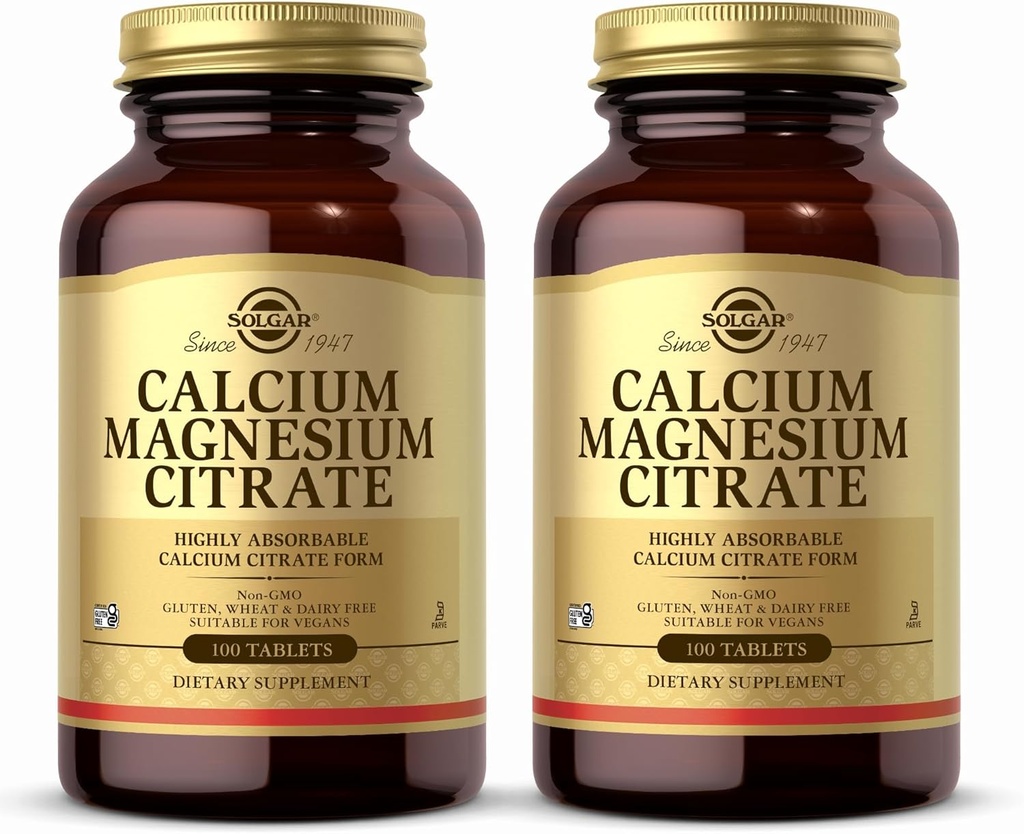 Citrato de magnesio Solgar Calcio - 100 Tabletas, Pack of 2 - Non-GMO, Vegan, Gluten Gratis, Kosher - 40 Total Servings