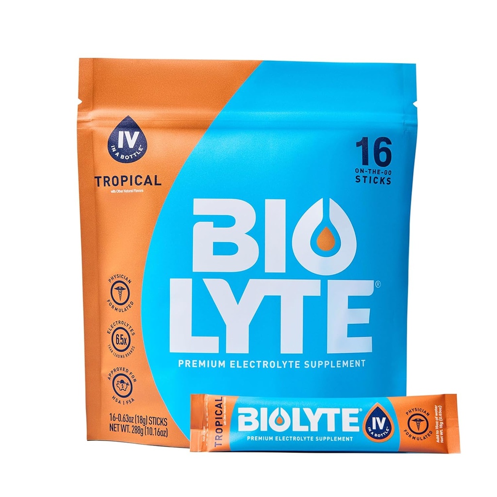 BIOLYTE IV Electrolyte Powder Packets, IV Liquid Drink Mix for Water, Doctor-Developed Hydration, HSA & FSA Aprobado Dehydration Relief, Chemotherapy Must Haves for Women &amp; Men - Tropical (16 Sticks)