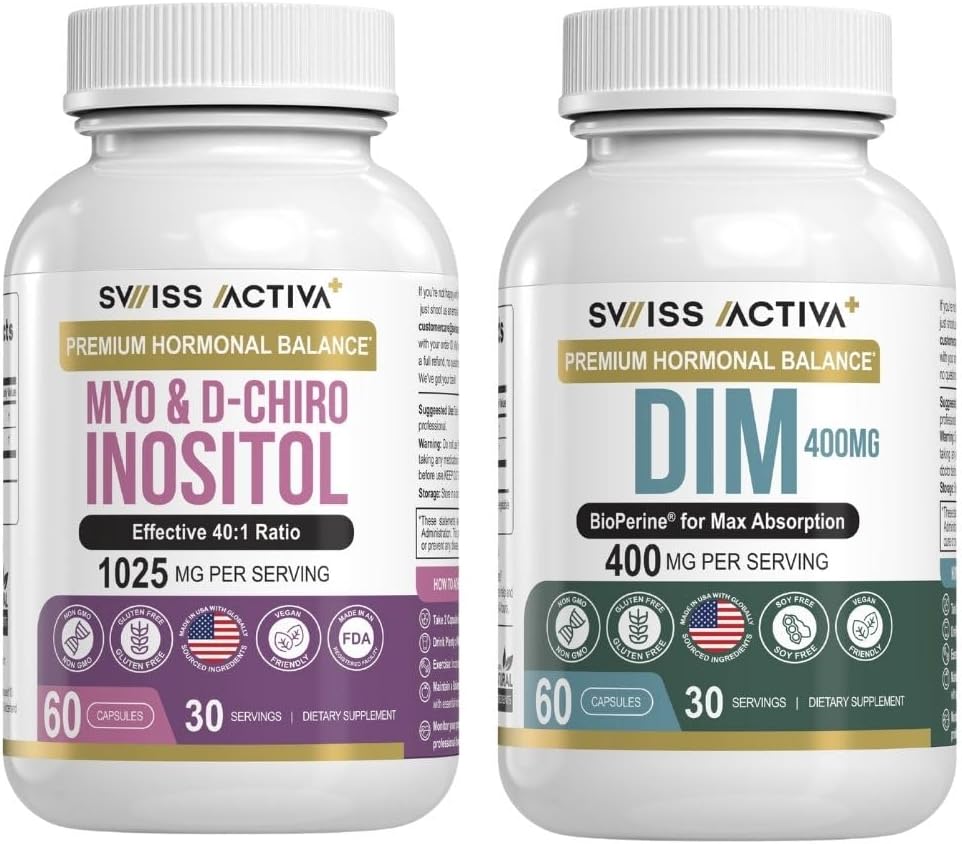 Swiss Activa+ DIM &amp; Myo-Inositol Bundle – Balance hormonal " Apoyo al PCOS para Mujeres – Ciclo Menstrual, Mood, Estrógeno y Salud Ovárica – Suministro de 60 días