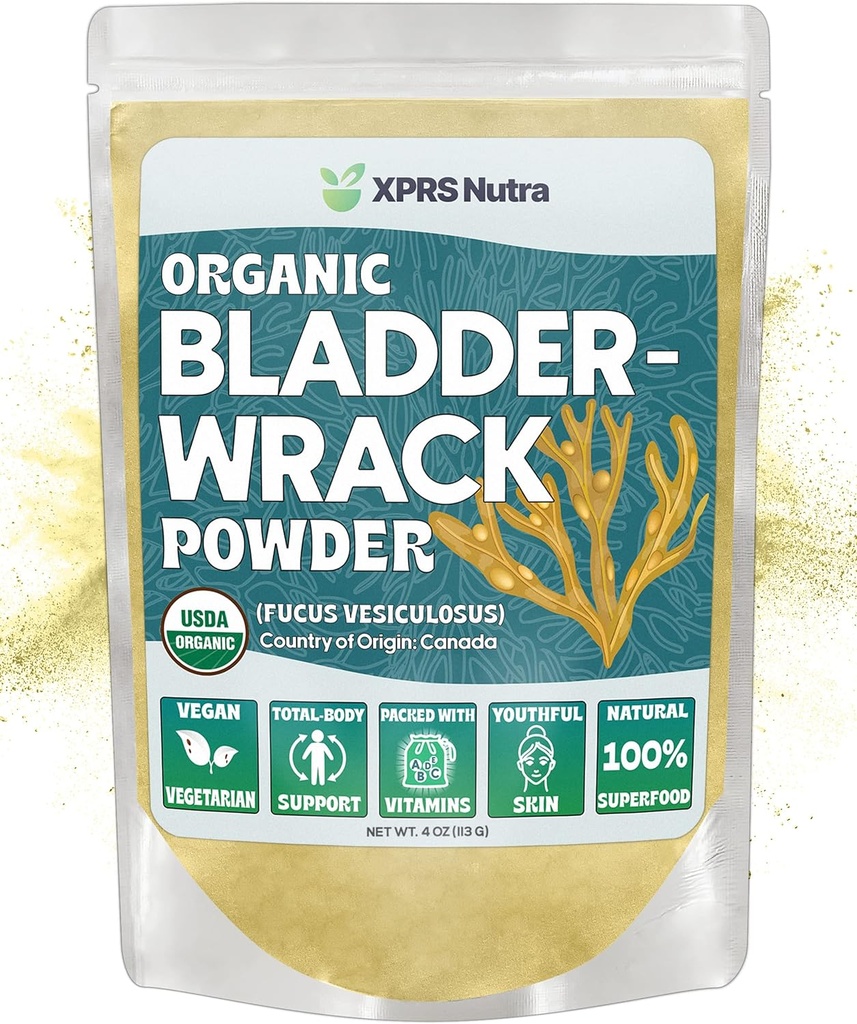 XPRS Nutra Organic Bladderwrack Powder (Fucus Vesiculosus) - Premium Bladderwrack Organic Powder for Glowing Skin - Vegan Friendly Bladderwrack Herb Iodine Supplement (4 Ounce)