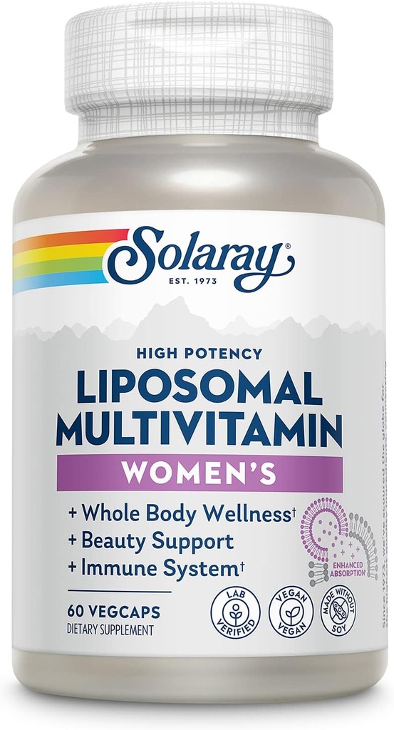 SOLARAY Multivitamínico Liposomal para Mujeres, Ausorción Mejorada, Alta Potencia w / Hierro, Vitamina D, Vitamina C, B12, Biotina, CoQ10, Apoyo Inmunitario, Salud de Hueso, Vegan, 30 Servimientos, 60 VegCaps