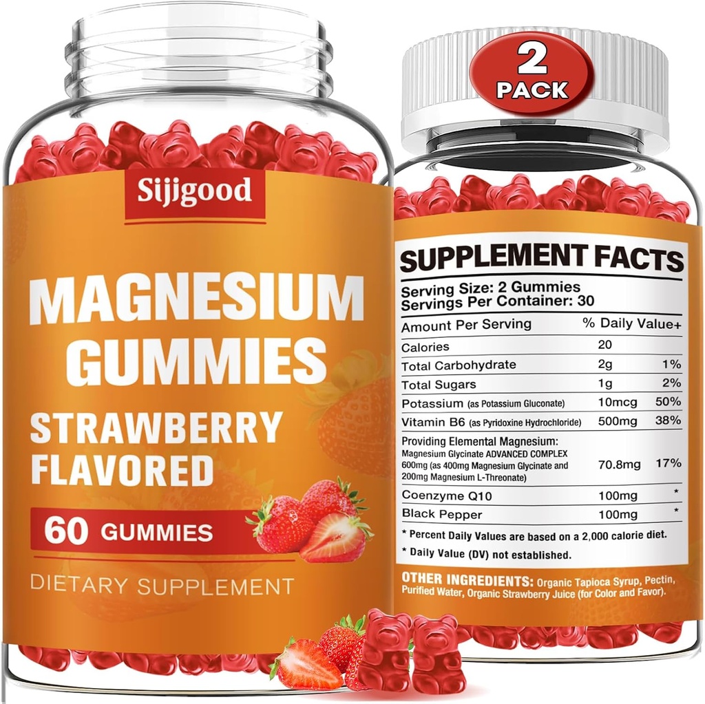 2 Pack High Absorption Magnesium Glycinate Gummies, Magnesium Gummies for Women, Hombres and Kids, Promotes Healthy Relaxation, zzZ, Muscle, Bone & Energy