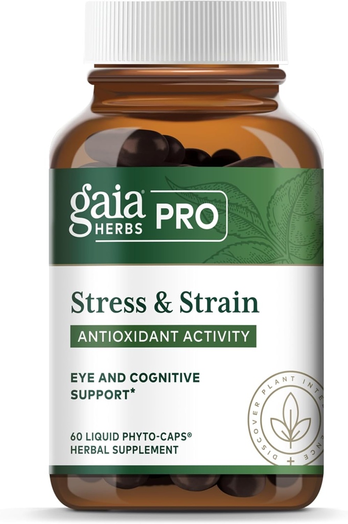 Gaia Herbs Pro Stress & Strain - Eye Health Support - Features Astaxanthin, Lutein, Grape Seed & More - Vegan, Gluten-Free & Dairy-Free - 60 Liquid Phyto-Caps (60 Servings)
