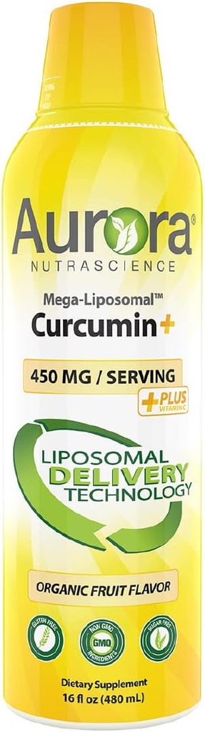 Aurora Nutrascience Mega-Liposomal Curcumin+ Vitamina C con CurcuVail, soporta articulaciones saludables, músculos, tract de IG y función cerebral, orgánica, no GMO, 32 servidumbres, 16 fl oz