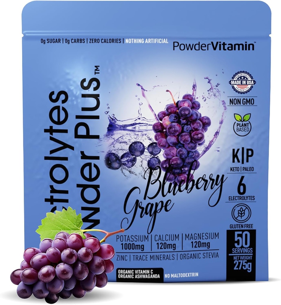 Electrolytes Powder Plus (50 Servings), 0 Calorie Keto, 0 Sugar, No Maltodextrin,1000mg Potasio,120mg Calcium,120mg Magnesium, Hidration Powder (50 Servings, Blueberry Grape)