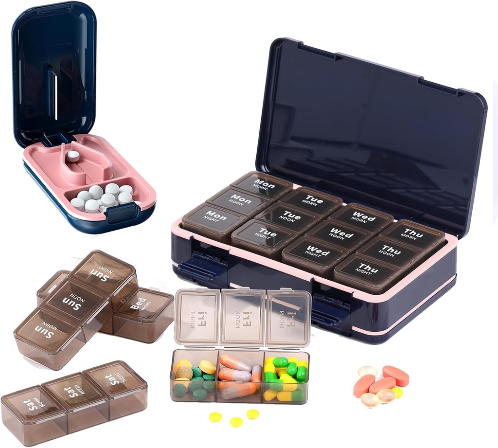 Pill Cutter+Pill Organizer, Pill Splitter Pill Cutter para pequeñas o grandes píldoras, Pill Box 7 días Medicina 3 veces al día, Portable Pill Crusher &amp; Pill Case for Purse Pocket