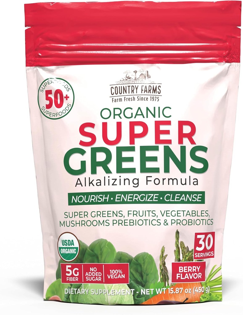 Country Farms Super Greens Berry Flavor, 50 Organic Super Foods, USDA Organic Drink Mix (Wheat Grass, Spirulina, Clorella) Mushrooms &amp; Probiotics, with Fiber, Gut Health, Natural Energy, 30 Servings