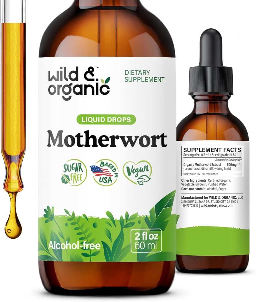 Wild &amp; Organic Motherwort Tintura - Buen Mood, Calmness, Women's Support - Motherwort Herb Extract Drops - Vegan, Azúcar &amp; Alcohol-Free Suplemento - 2 fl oz