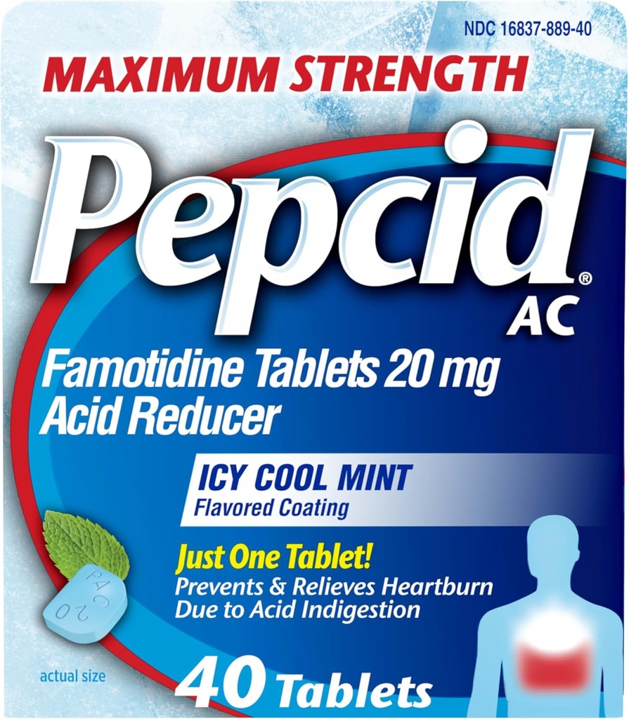 Pepcid AC Maximum Strength Heartburn Relief Tablets, OTC Medicine Prevents ' Relieves Heartburn Debido a la indigestión de ácido " Sour Stomach, 20mg Famotidine Acid Reducer, ICY Cool Mint, 40 ct