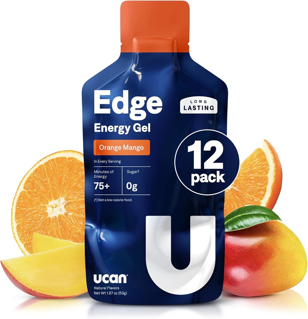 UCAN Edge Energy Gel Shots, Orange Mango (12, 2 Ounce Packets) para Running, Training, Workouts, Fitness, Cycling, Crossfit ¦ Sin azúcar, Vegan, &amp; Keto Friendly Energy